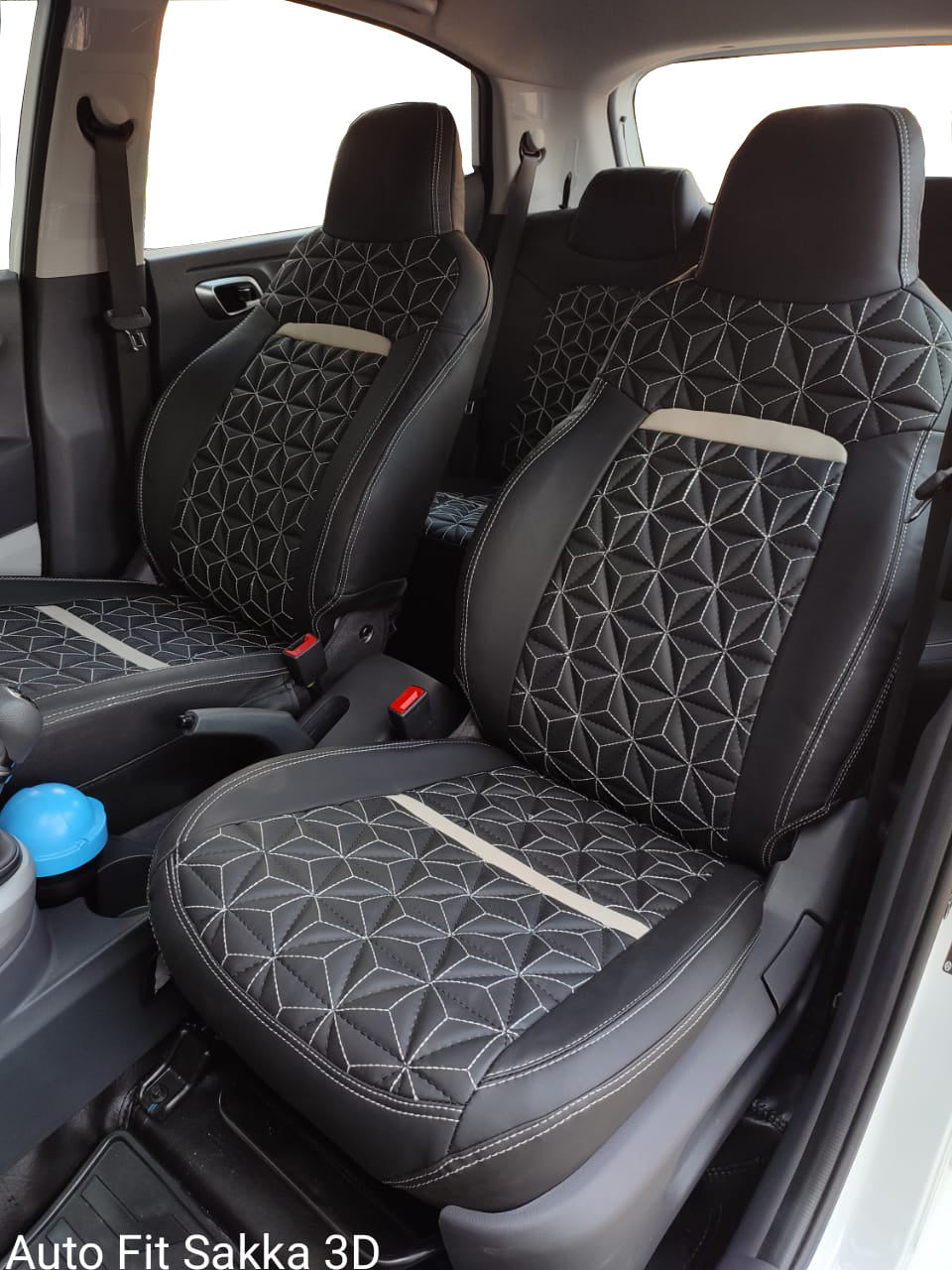 AUTOFIT LEATHER CAR SEAT COVER FOR (HYUNDAI I10 NIOS) 3D DESIGN (COLOUR BLACK SILVER)