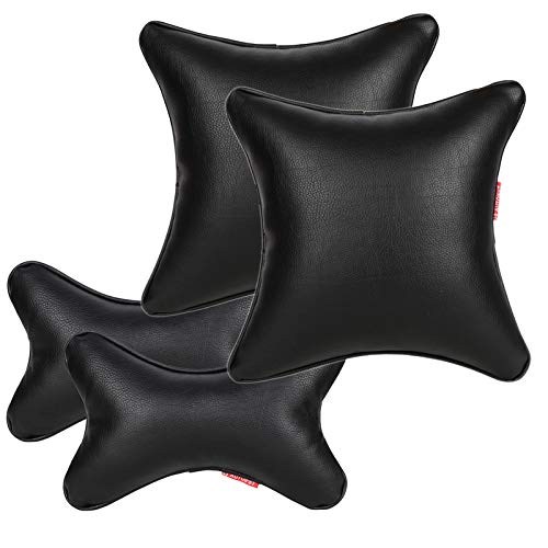 AUTOFIT Black Leather Neck Rest Pillow and Cushions for car (Set of 4 Pieces) Universal for All Cars - Autofit