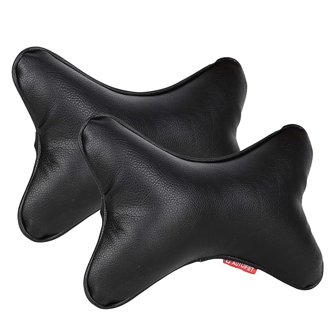 AUTOFIT Black Leather Neck Rest Pillow for car (Set of 2 Pieces) Universal for All Cars - Autofit