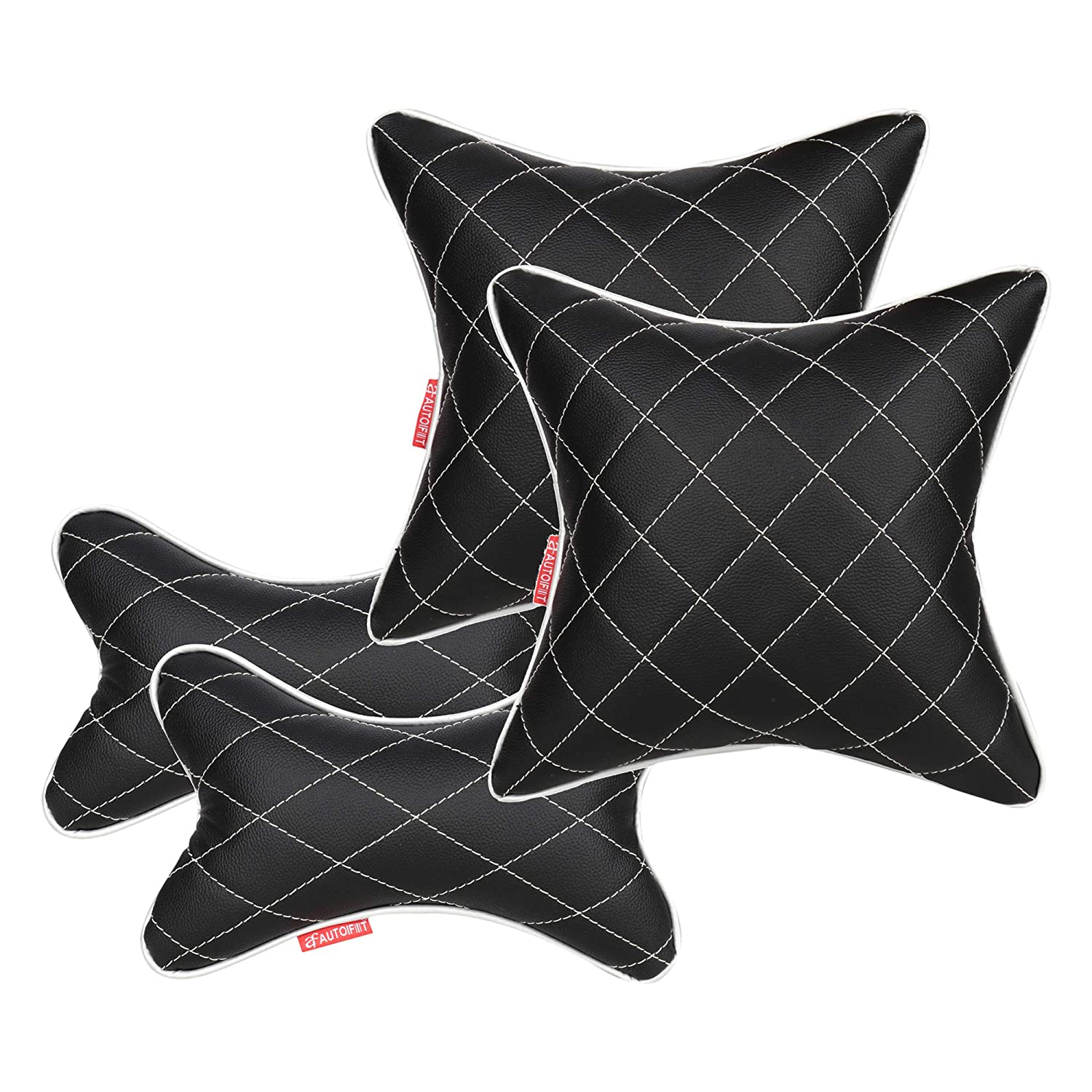 Autofit Double Quilted Combo Set/Car Neckrest Pillow + Car Cushion (Set of 4, Black and Silver) - Autofit