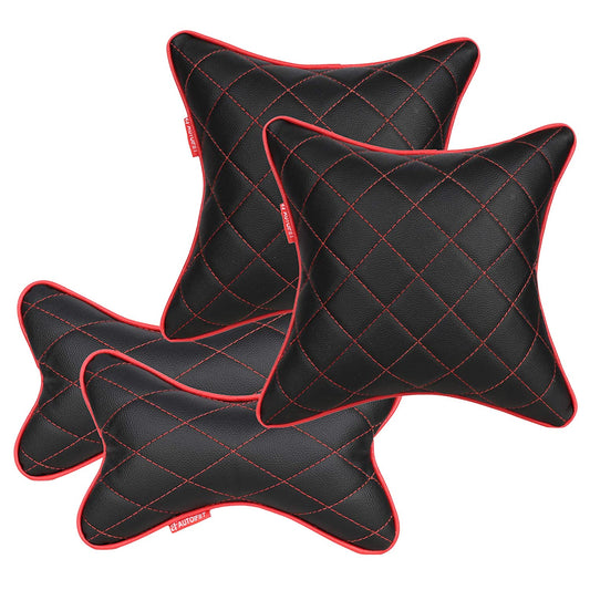 AUTOFIT Double Quilted Universal Car Cushion + Neck Rests (Black and Red) -Combo pack of 4 Piece, Polypropylene Cotton - Autofit